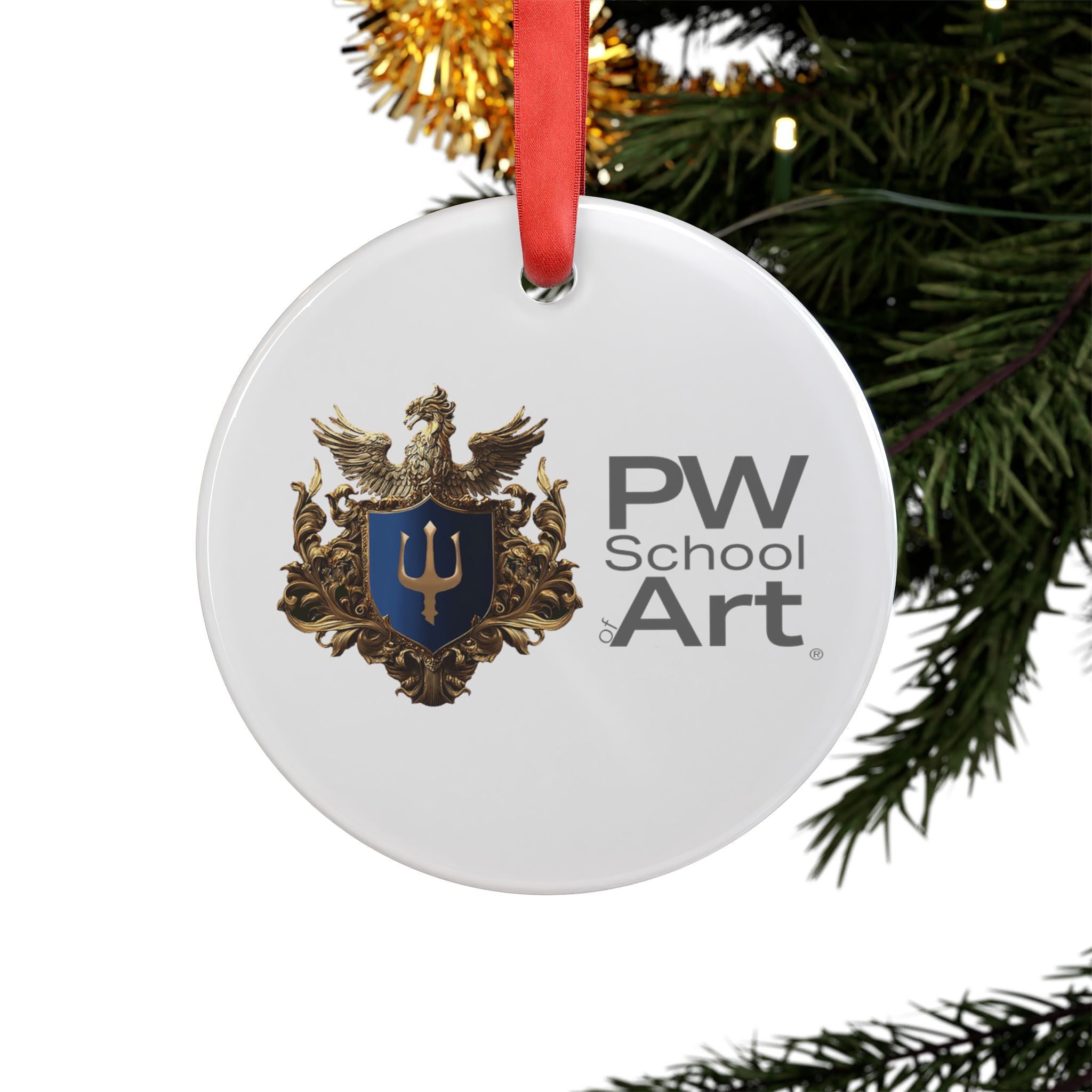 PW School of Art Acrylic Ornament — Decorative Crest Holiday Ornament with Ribbon