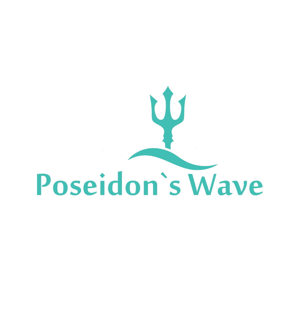 Logo of 'Poseidon's Wave' with a trident symbol on a white background