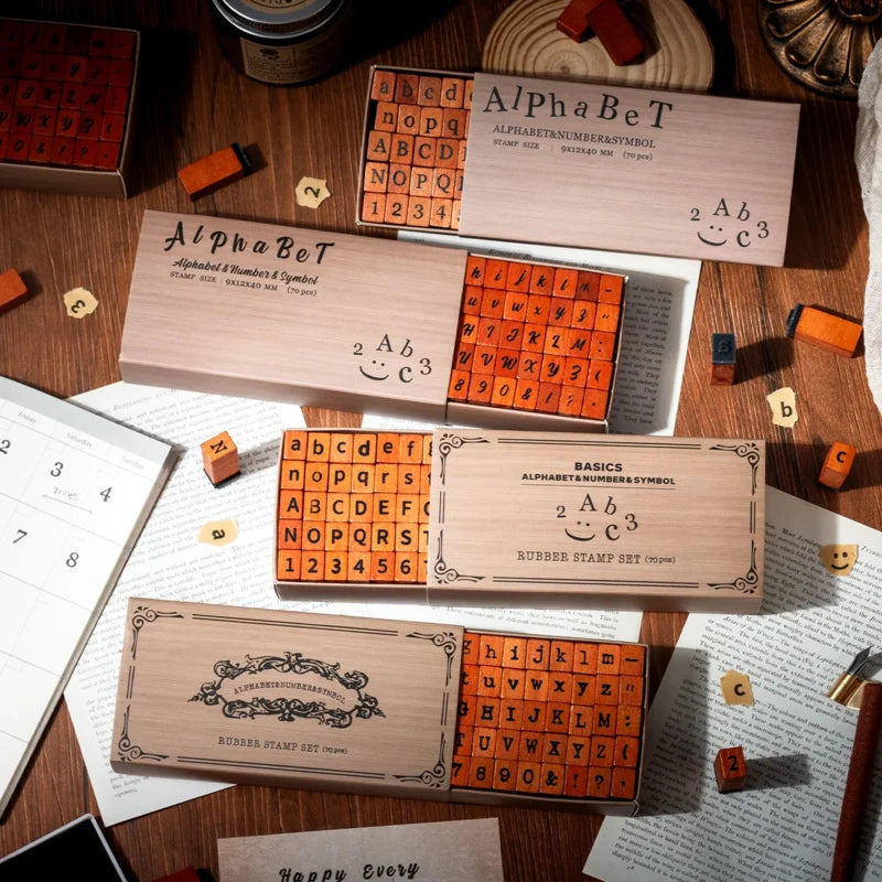 70pcs/set Wooden Rubber AlphabetStamp Set